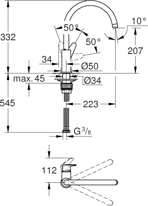 Produktbild Grohe BauCurve keukenkraan - hoge draaibare C-uitloop - chroom - 31536001