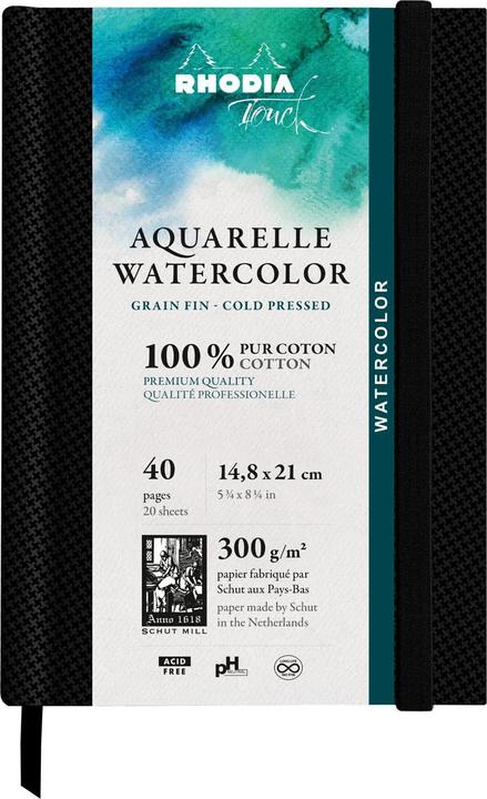 Rhodia Touch Watercolor Book, papier grain fin 100% coton 300g - A5 portrait, 40 pages - Noir (300 g/m², 240 x)