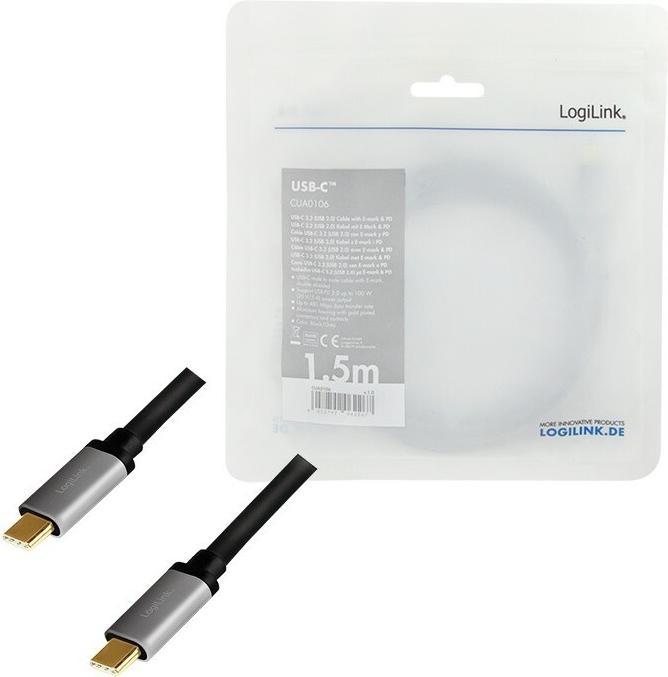 Actual product image LogiLink CUA0106 USB 3.2 Cable C/M to C/M, PD3, alu, black/grey, 1.5 m (1.50 m, USB 2.0, 100 W)