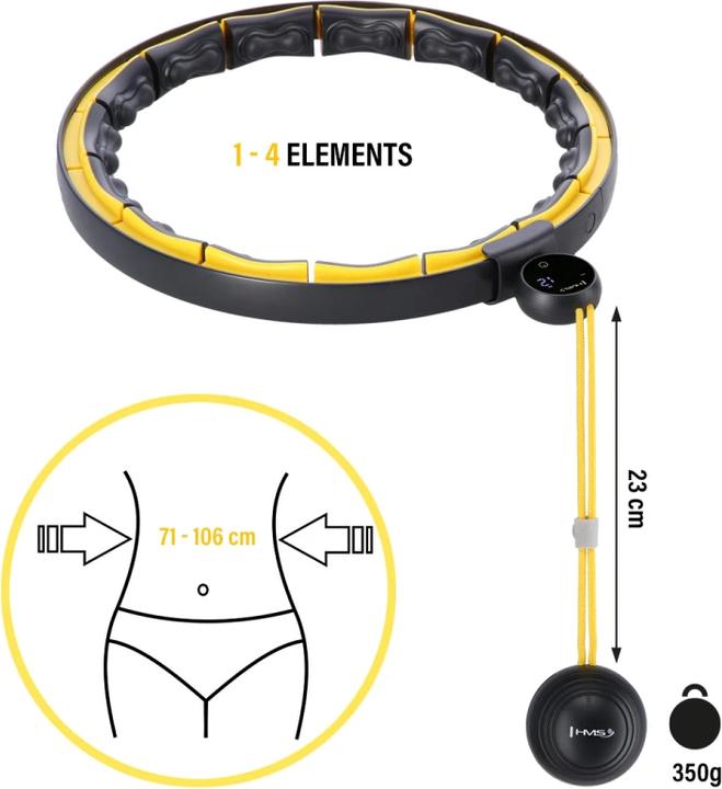 Produktbild HMS Hhm21 Hula Hoop Schwarz/Gelb Mit Magneten Tpe Stollen Und Gewicht + Zähler (100 cm, 1500 g)