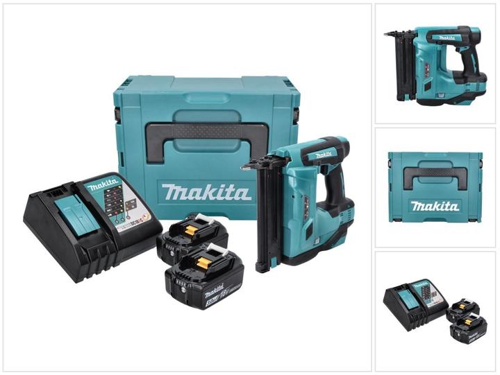 1x Makita DBN 500 cordless upright nailer, 2x Makita BL 1830 B 18 V 3.0 Ah battery, 1x Makita DC 18 RC battery charger, 1x Makita Makpac, 1x universal insert