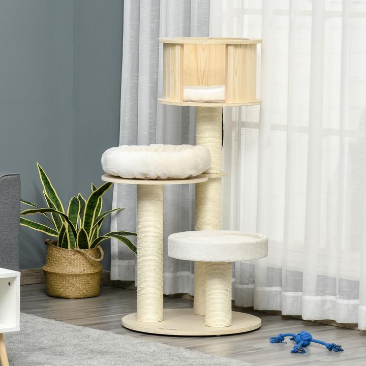Produktbild PawHut Kratzbaum mit drei Ebenen (122 cm, Natur+Creme)