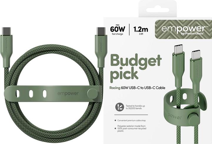 Actual product image PanzerGlass empower™ by ® Racing 60W USB-C to USB-C Cable | USB 2.0 | 1.2M | Sage (1.20 m, USB 2.0, 60 W)