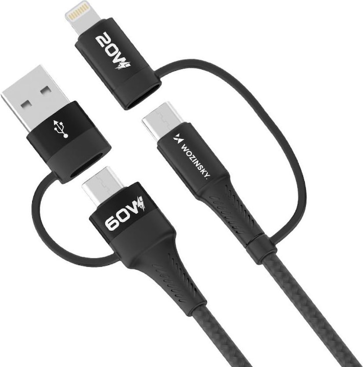 Produktbild Wozinsky WNBAA 4in1 Kabel 2x USB-C 1x USB-A 1x Lightning 60W 1 m - Schwarz (1 m, USB 2.0)