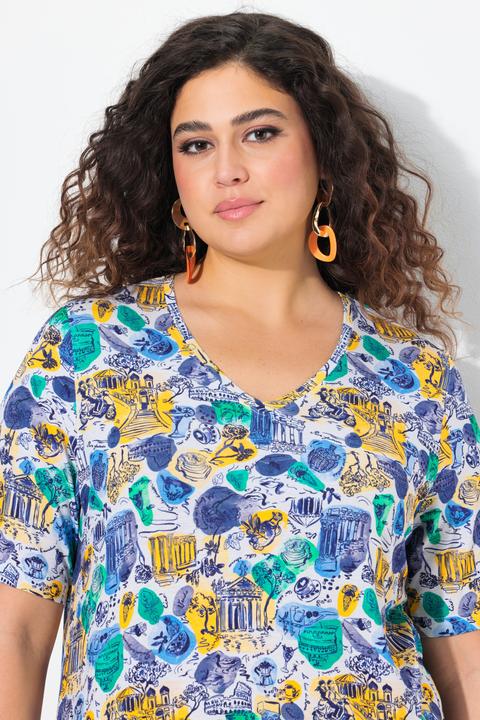 Immagine prodotto Ulla Popken T-shirt dal taglio svasato con design ispirato alle vacanze, scollo a V e mezze maniche (62)