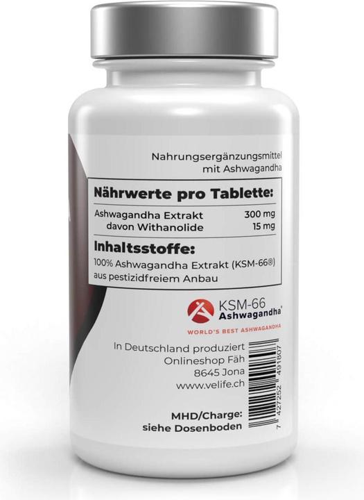 Nutritional values and ingredients VeLife Ashwagandha extract KSM-66 Tabl Ds 120 Stk (120 Piece, Pills, 60 g)