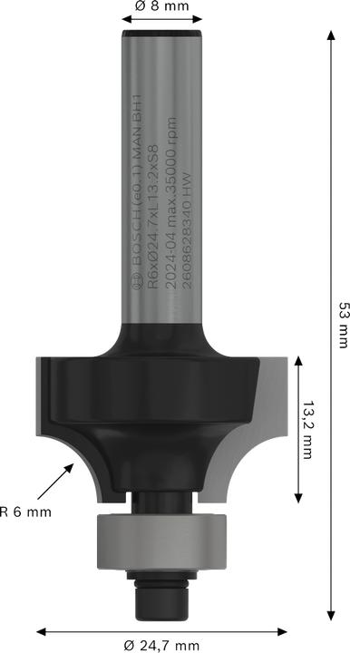 Produktbild Bosch Professional Zubehör Abrundfräser, 8 mm, R1 6 mm, L 13,2 mm, G 53 mm