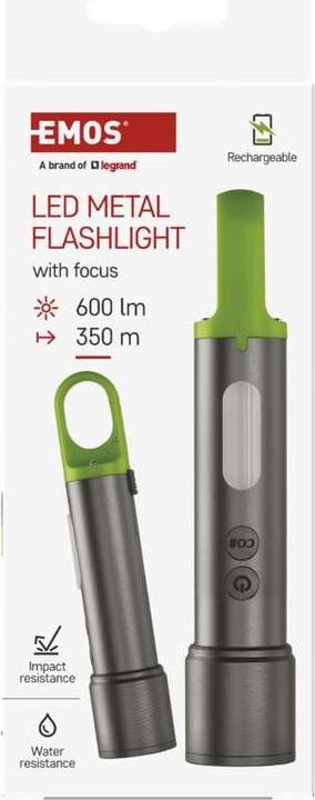 Actual product image Emos LED Aufladbare Metall-Taschenlampe, 600 lm, 1 200 mAh (16 cm, 600 lm)