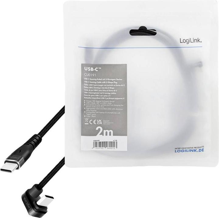 Actual product image LogiLink USB 2.0 Type-C cable, C/M 180° to USB-C/M, aluminium, black, 2 m (2 m, USB 2.0, 60 W)