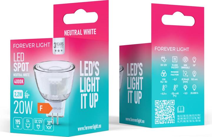 Actual product image Forever Light LED Bulb G4 MR11 38° 2.2W 195lm 4000K 12V glass class F (G4, 195 lm, 100x)