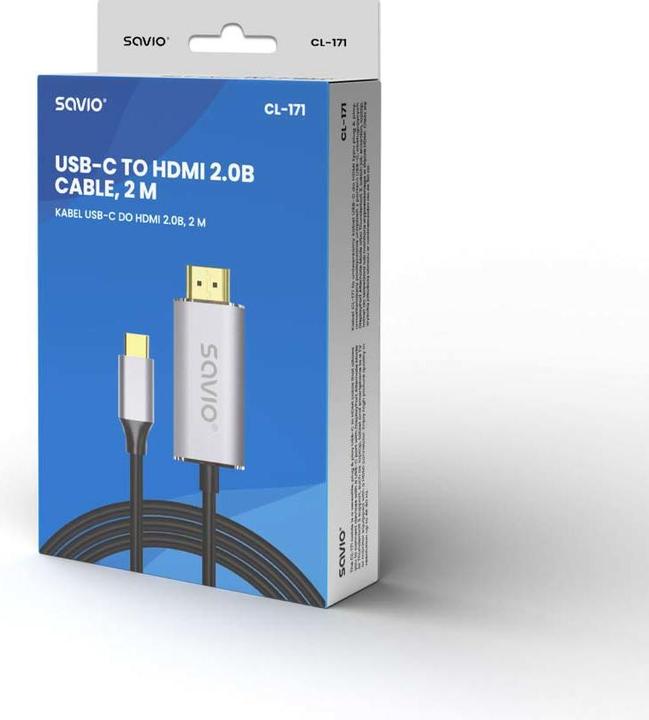 Actual product image Savio USB-C to HDMI 2.0B cable, 2m, silver (2 m, USB Type C, 2.0b)