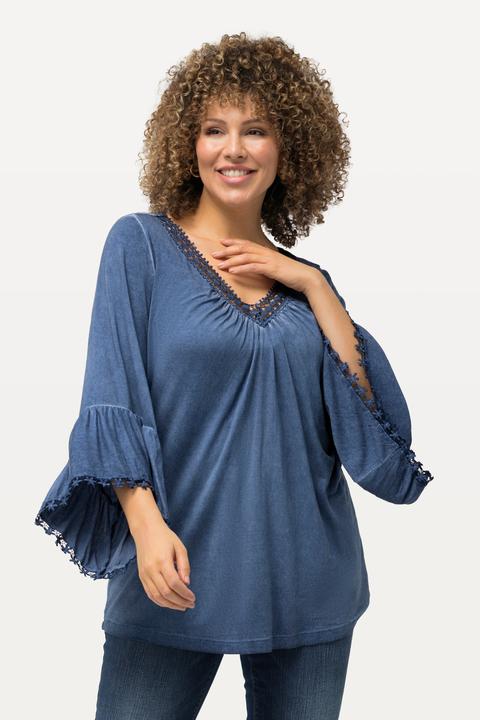 Produktbild Ulla Popken T-Shirt, cold dyed, Spitze, V-Ausschnitt, 3/4-Arm (50, 52)