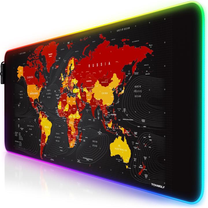 Produktbild Titanwolf RGB Gaming Mauspad, Mausmatte XL 800 x 300mm verbessert Präzision & Geschwindigkeit, Weltkarte rot (XL)