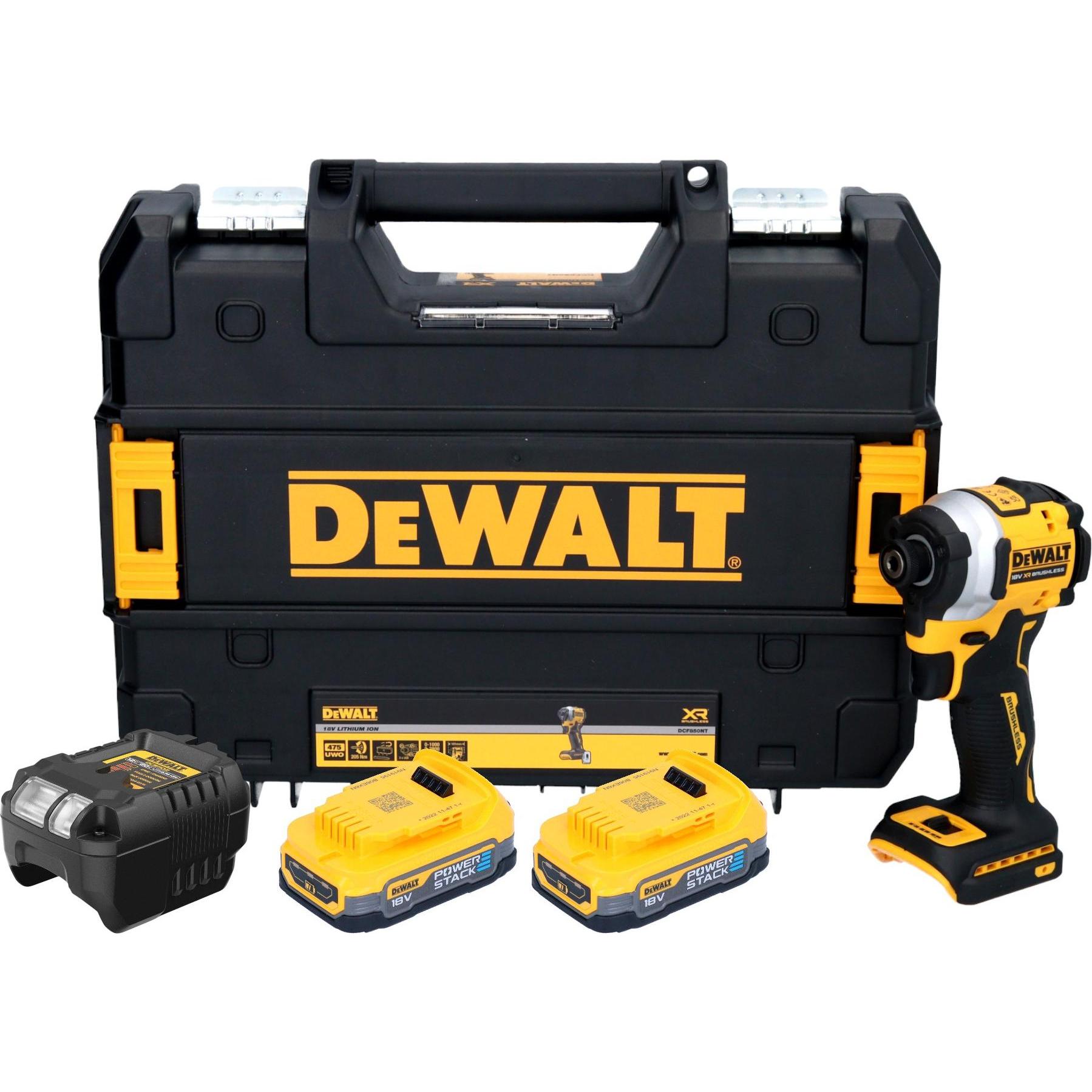 DeWalt, Bohrmaschine + Akkuschrauber, DCF 850 E2T Akku Schlagschrauber 18 V 205 Nm 1/4" Brushless + 2x Powerstack Akku 1...