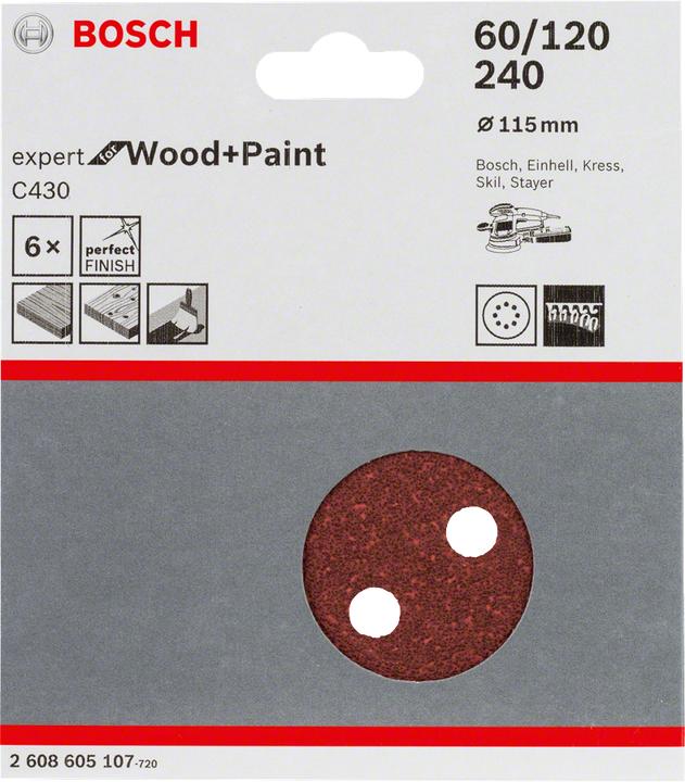 Actual product image Bosch Professional Zubehör Sanding sheet C430, 115 mm, 60, 120, 240, 8 holes, Velcro, 6-pack (60, 120, 240)