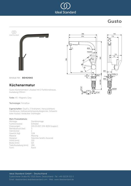Actual product image Ideal Standard Gusto outlet 235mm L-spout 2F showerhead