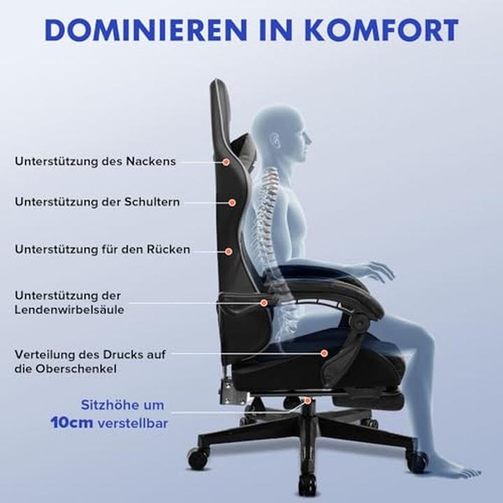 Produktbild Luckracer Gamingstuhl mit Fussstütze, ergonomisch, höhenverstellbar, verstellbare Armlehnen, Neigefunktion