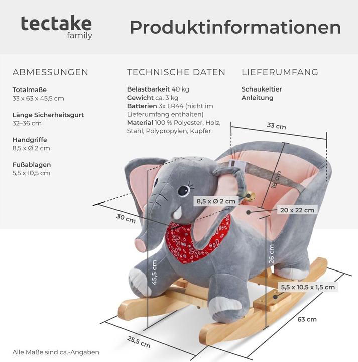 Image du produit tectake Éléphant à bascule, avec housse en peluche, à partir de 12 mois