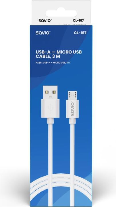 Produktbild Savio USB Kabel 3 m USB 2.0 USB A - Micro USB Weiss CL-167 (3 m, USB 2.0)