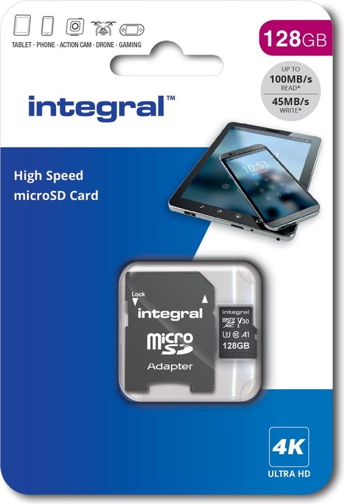 Productafbeelding INMSDX128G-100V30 128GB MICRO SD KAART MICROSDXC UHS-1 U3 CL10 V30 A1 TOT 100MBS LEZEN 45MBS (128 GB, microSD, U3, UHS-I)