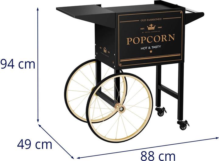 Produktbild Royal Catering Popcornwagen Wagen für Popcornmaschine Popcorntrolley 2 Bremsen schwarz & golden