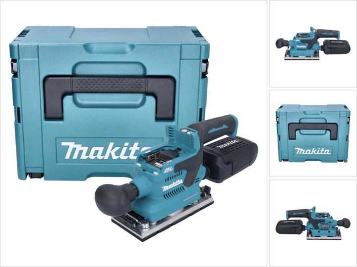 1x Lochungsplatte ( 451271-6 ), 1x Staubbox kpl. ( 135327-0 ), 1x Makita MAKPAC, 1x Makita DBO 382 Schwingschleifer, 1x Akku-Schutzabdeckung ( 422807-8 )