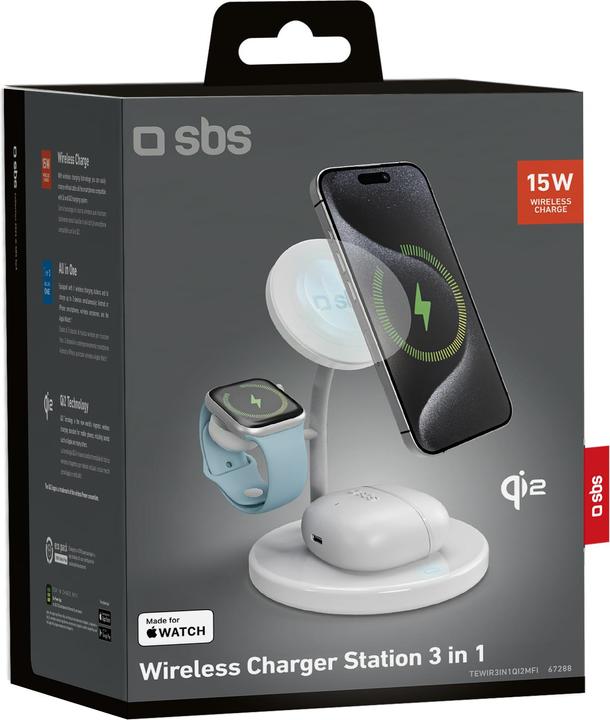 Produktbild SBS Kabellose Qi2 3x1-Ladestation für iPhone 16/15/14/13/12, Android-Smartphones, Apple Watch und kabell (15 W)