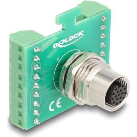 Delock M12 Übergabemodul Adapter 17 Pin A-kodiert Stecker zu, Elektronikkabel + Stecker, Grün