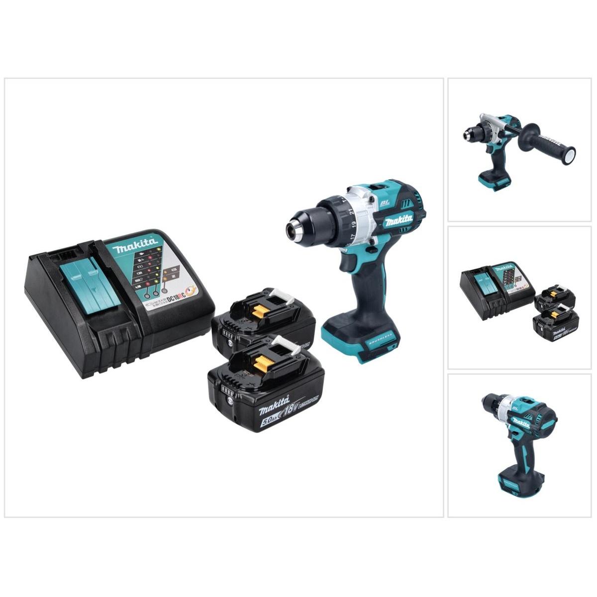 Makita, Bohrmaschine + Akkuschrauber, DHP 486 RT Akku Schlagbohrschrauber 18 V 130 Nm Brushless + 2x Akku 5,0 Ah + Ladeg...