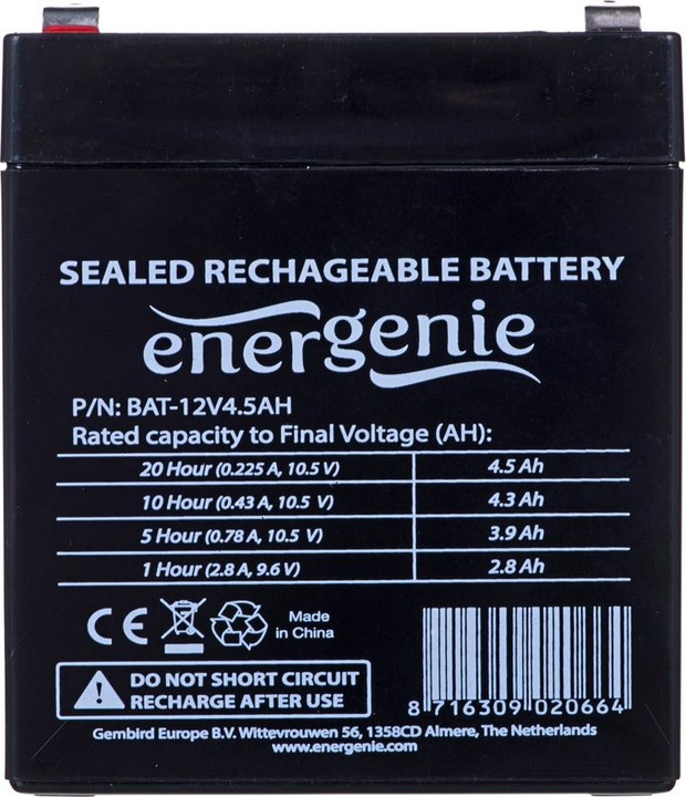 Produktbild Gembird BAT-12V4.5AH - 12 V - 1 Stück(e) - Schwarz - 4500 mAh - 1,7 kg - 89 mm