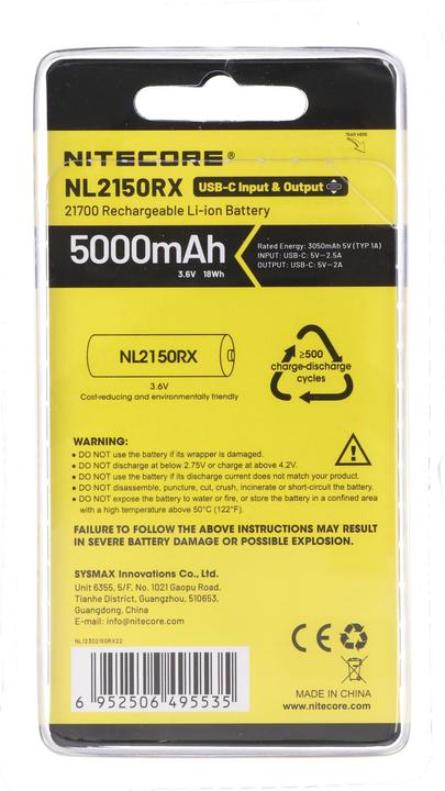 Actual product image Nitecore NL2150RX (1 pcs., 21700, 5000 mAh)