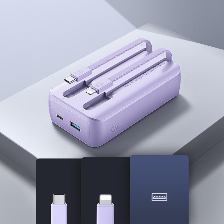 Productafbeelding Joyroom 30W 20000mAh mini Power Bank met ingebouwde kabels, Lightning & USB-C - Paars (20000 mAh, 30 W, 77 Wh)