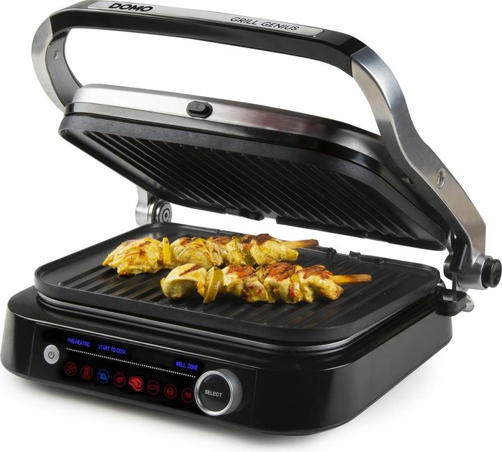 Domo Genius Elektro Kontaktgrill Antihaftbeschichtung, mit Display Edelstahl, Schwarz