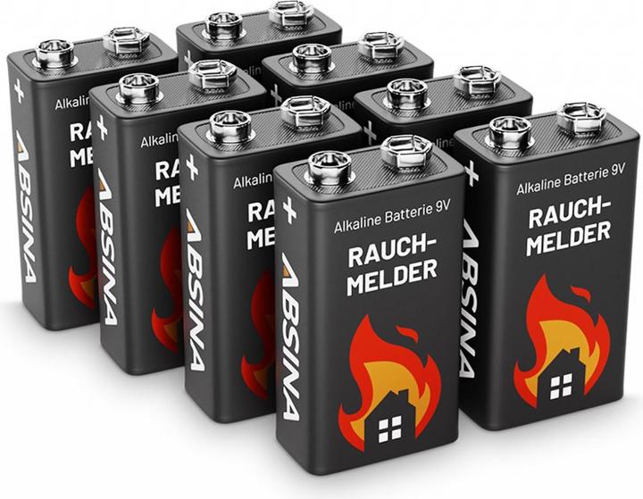 Absina Batterie alcaline da 9V 6LR61 ideali per i rilevatori di fumo, confezione da 8 (8 pz., 9V Block)