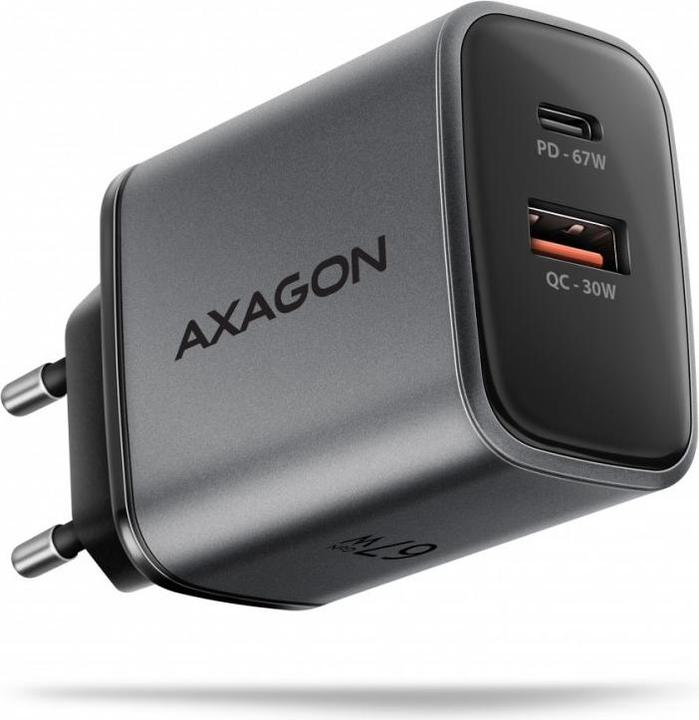 Produktbild Axagon ACU-PQ67, GaN nabíječka do sítě 67W, výstup USB-A + USB-C, PD3.0/PPS/QC4+/SFC2.0/Apple (67 W, 2 Ports)