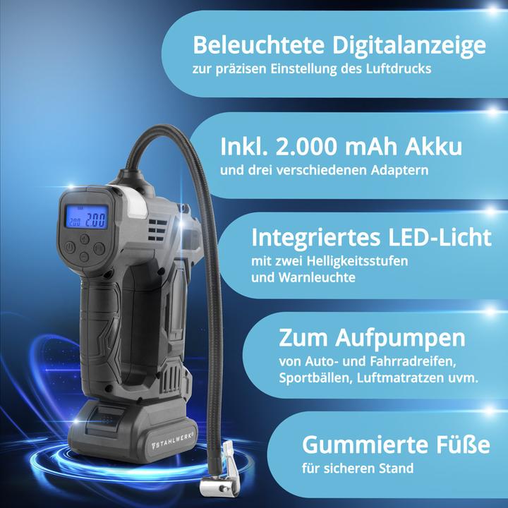 Produktbild Stahlwerk Akku Druckluftkompressor – 72 Watt Leistung und 2000 mAh Akku (10.30 Bar)
