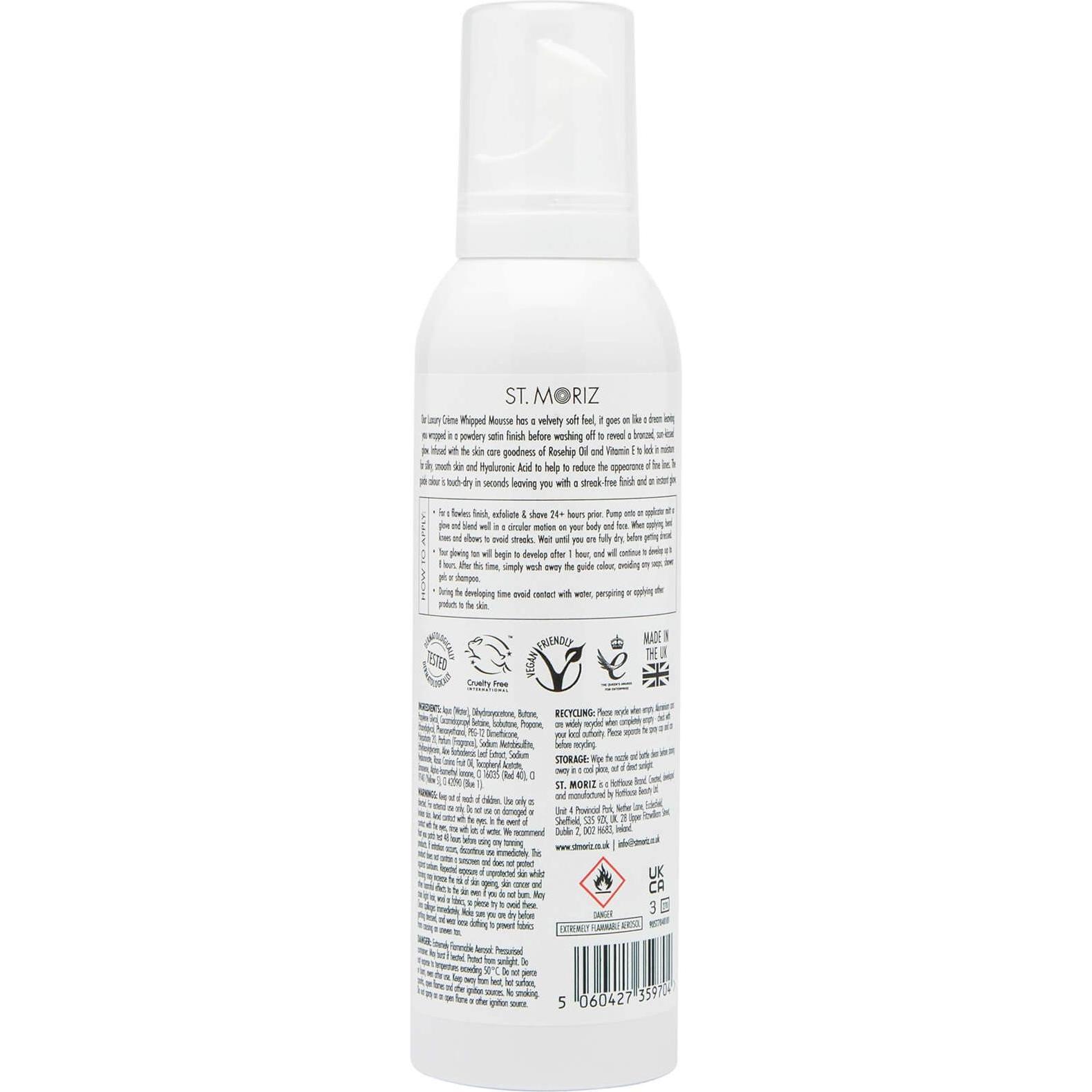 St. Moriz, Autoabbronzante, St Moriz Advanced Luxury Crème Whipped Fake Tan Mousse in Medium con Acido Ialuronico, Olio di Rosa (Schiuma autoabbronzan