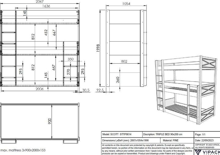 Valeurs nutritives et ingrédients Vipack Lit superposé Scott avec 3 couchages (90 x 200 cm)