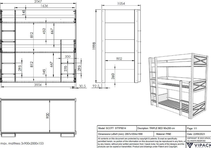 Nährwerte und Zutaten Vipack Etagenbett Scott mit 3 Liegeflächen (90 x 200 cm)
