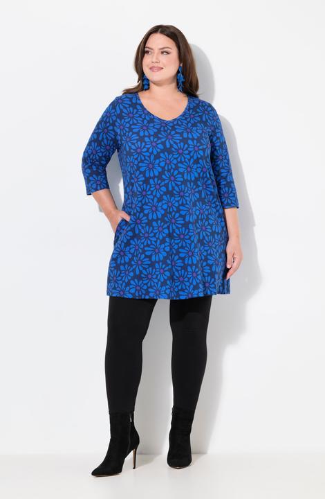 Immagine prodotto Ulla Popken Maglia dal taglio lungo e svasato con fiori, scollo a V e maniche a 3/4 (58)