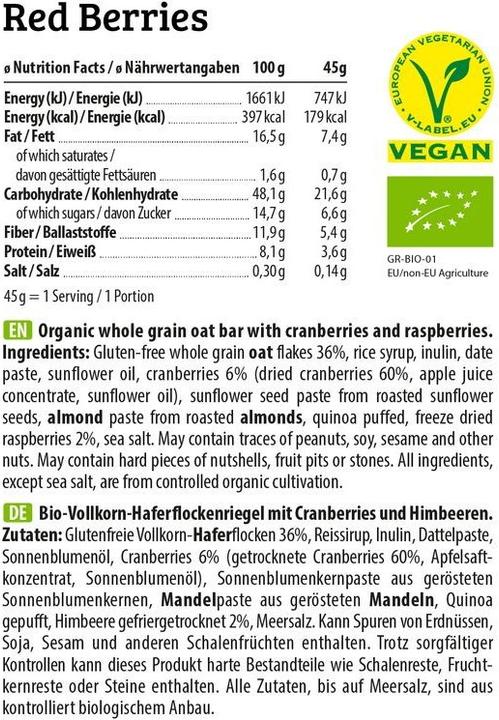 Nährwerte und Zutaten HEJ Nutrition Hej Oat (bio) (12 x 45G) (Red Berries, 1 Stk., 540 g)