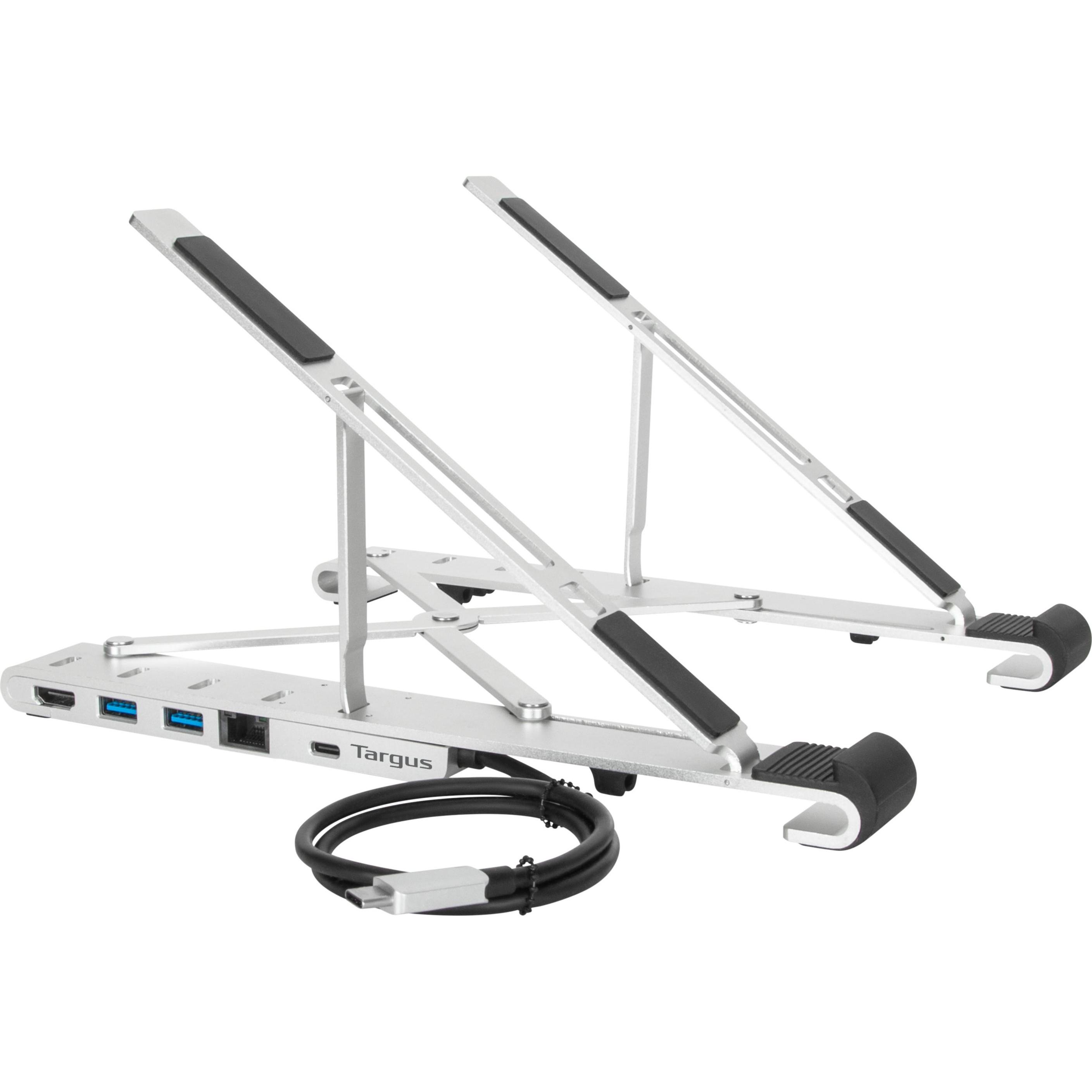 Targus Tragbarer Ständer Mit Integriertem Dock (Usb-C) (USB-C, 4 Ports), Dockingstation + USB Hub, Silber