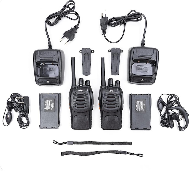 Produktbild PNI Packung mit 6 tragbaren PMR R40 PRO-Radios, Batterien, Ladegeräten und Kopfhörern im Lieferumfan