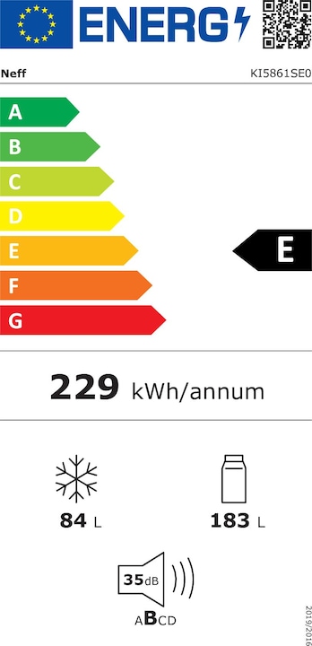 Energie-Label Neff N 30, Einbau Kühl-Gefrierkombination mit Gefrierfach unten, 177.2 x 54.1 cm, Schleppscharnier, KI586 (267 l)