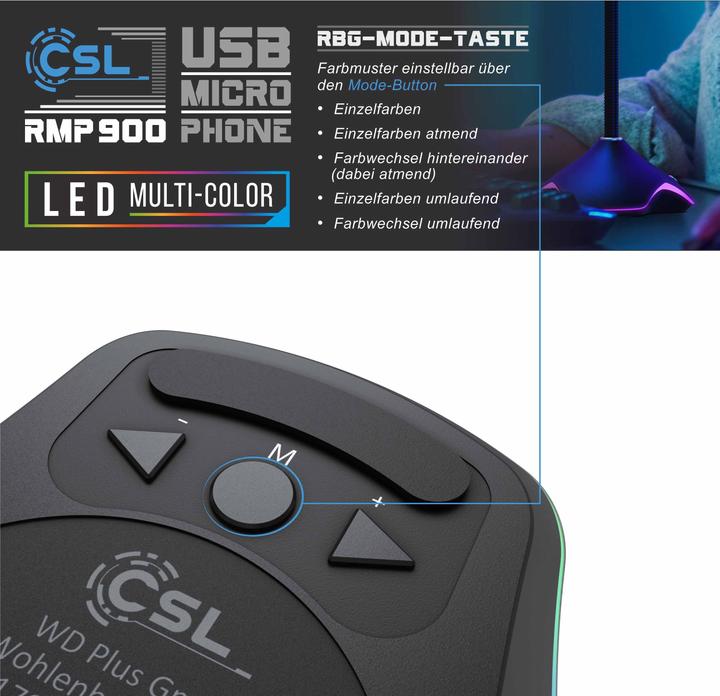 Produktbild CSL Standmikrofon, USB Desktop Mikrofon mit RGB Beleuchtung, RMP 900 Tischmikrofon, für Gaming & Podcast