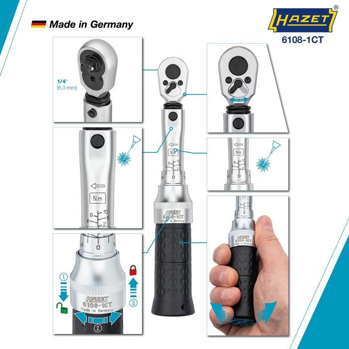Produktbild HAZET Drehmomentschlüssel 6108-1CT ∙ Nm min-max: 2 - 10 Nm ∙ Toleranz: 2% ∙ Vierkant 6,3 mm (1/4 Zo… (1/4", 2 Nm, 10 Nm)