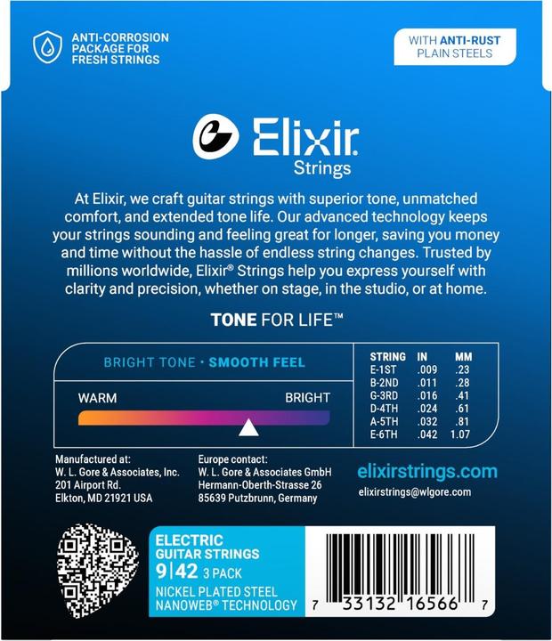 Actual product image Elixir 16566 - Nikkelbelagt stl - Elektriske strenge - Nanoweb - Super Light (09-42) - 3-PAK (3x, Electric guitar, 0.02")