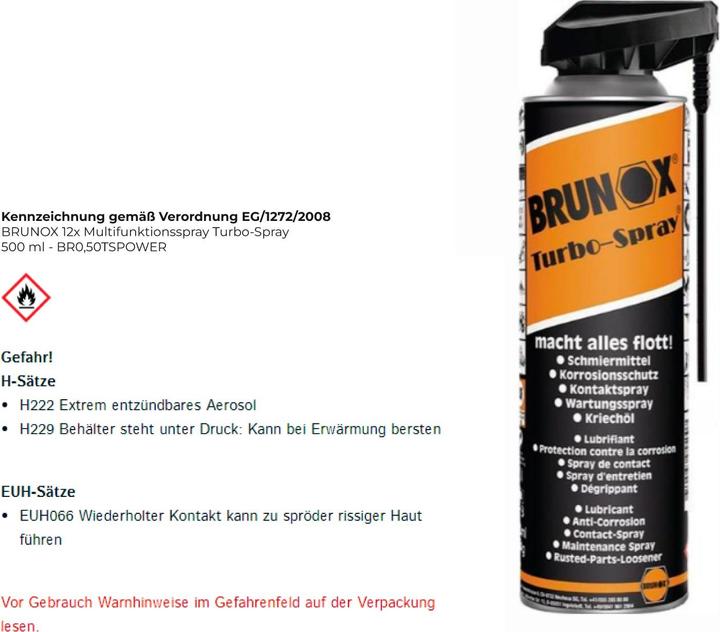 Valeurs nutritives et ingrédients Brunox Huile pénétrante Turbo-Spray (500 ml)