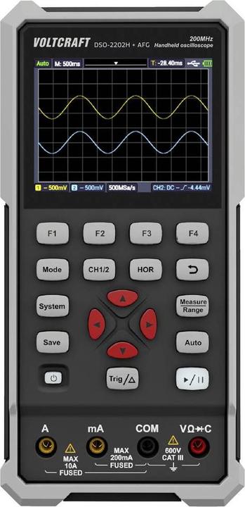 Actual product image Voltcraft DSO-2202H + AFG Handheld Oscilloscope 200MHz 2-channel 1 GSa/s 8 kpts 8 Bit Handheld 1pce. (CAT II 400V)