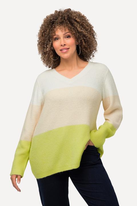 Actual product image Ulla Popken Block Stripe Long Sleeve V-Neck Sweater (56)